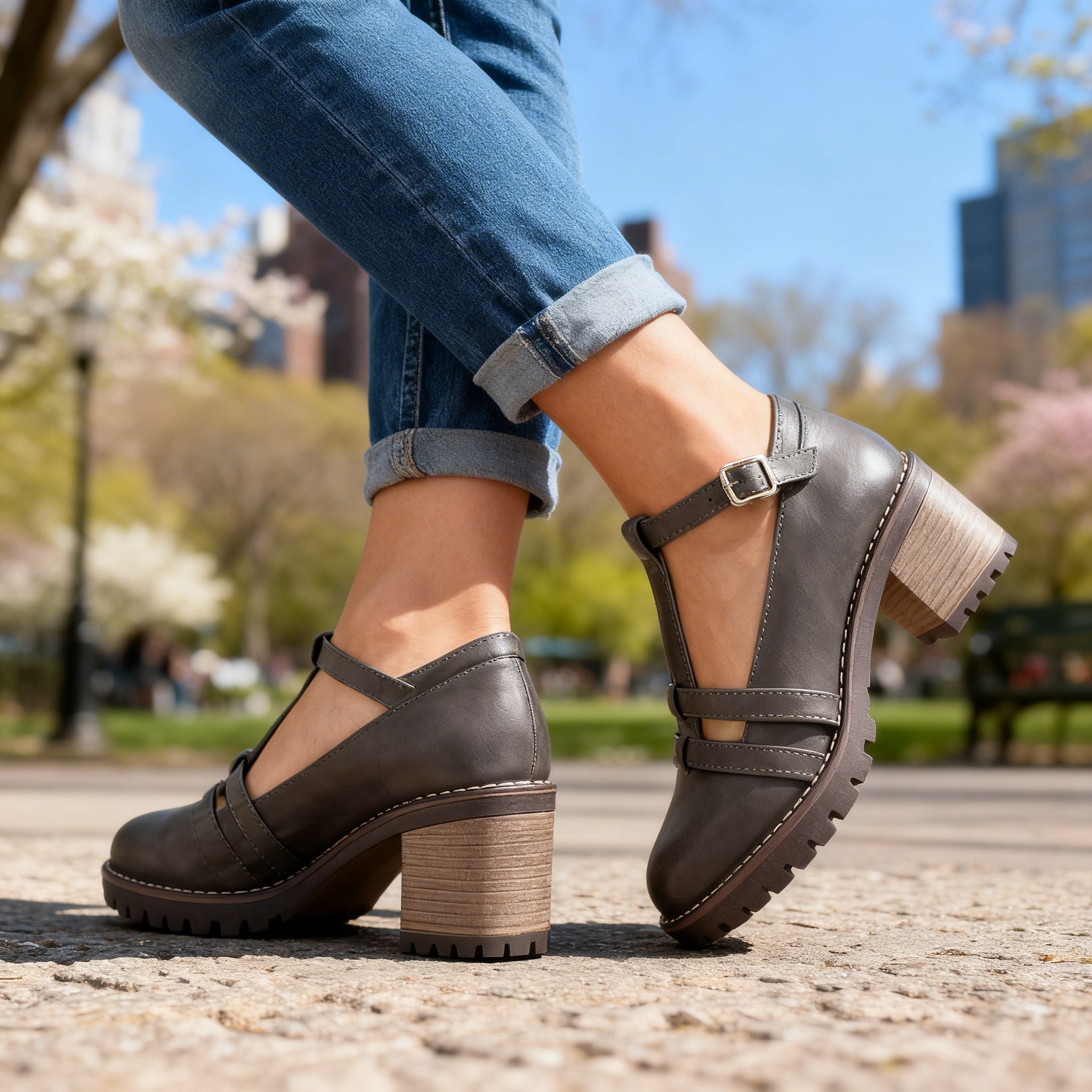 Romilly | Damen T-Riemen Loafer mit Blockabsatz