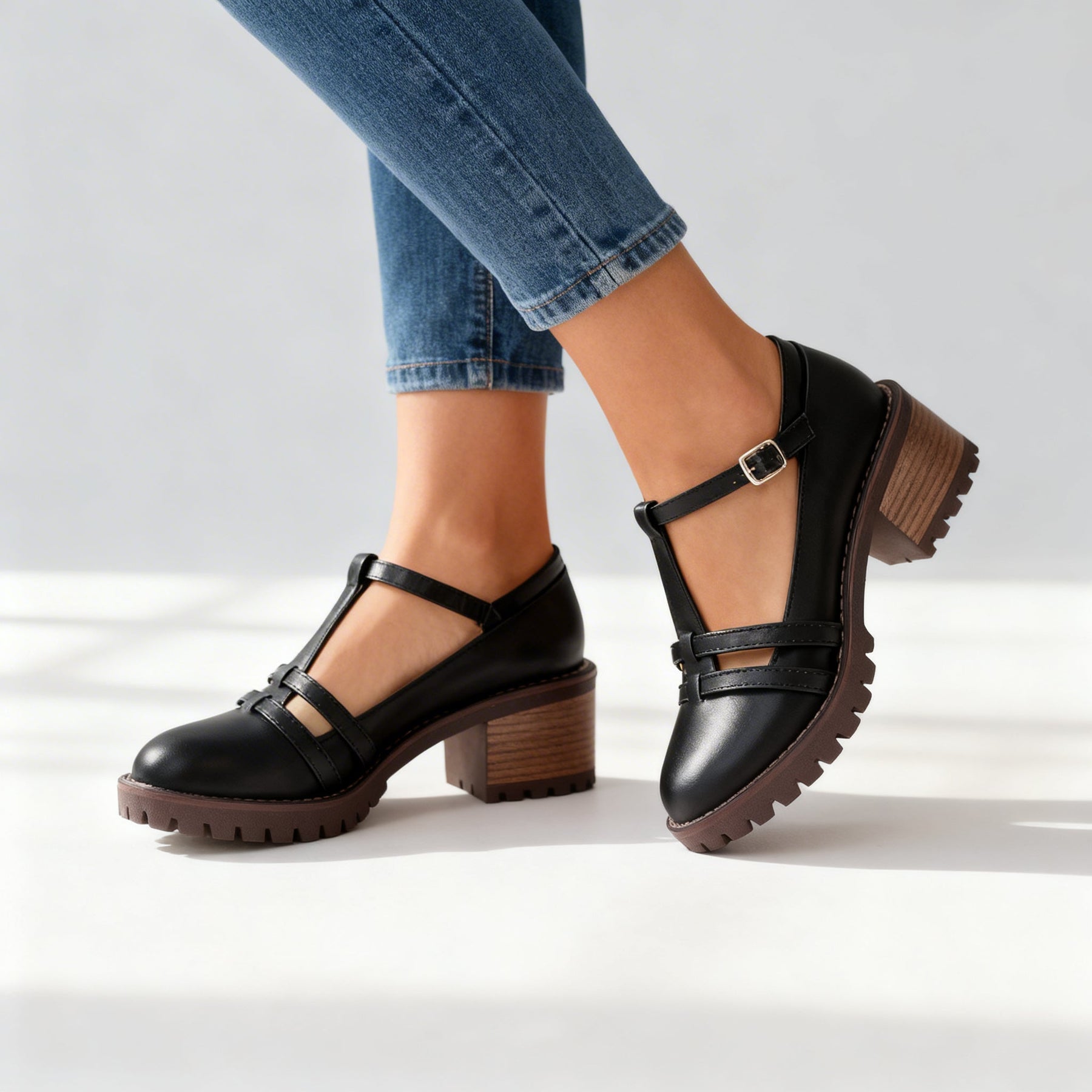 Romilly | Damen T-Riemen Loafer mit Blockabsatz