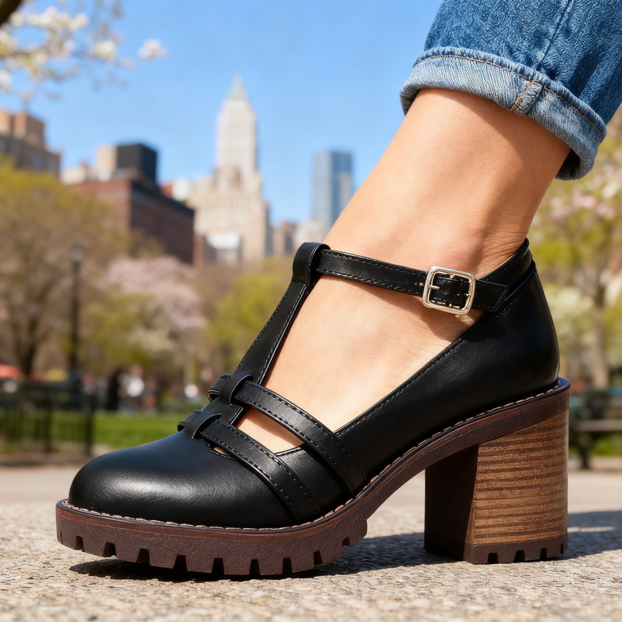 Romilly | Damen T-Riemen Loafer mit Blockabsatz