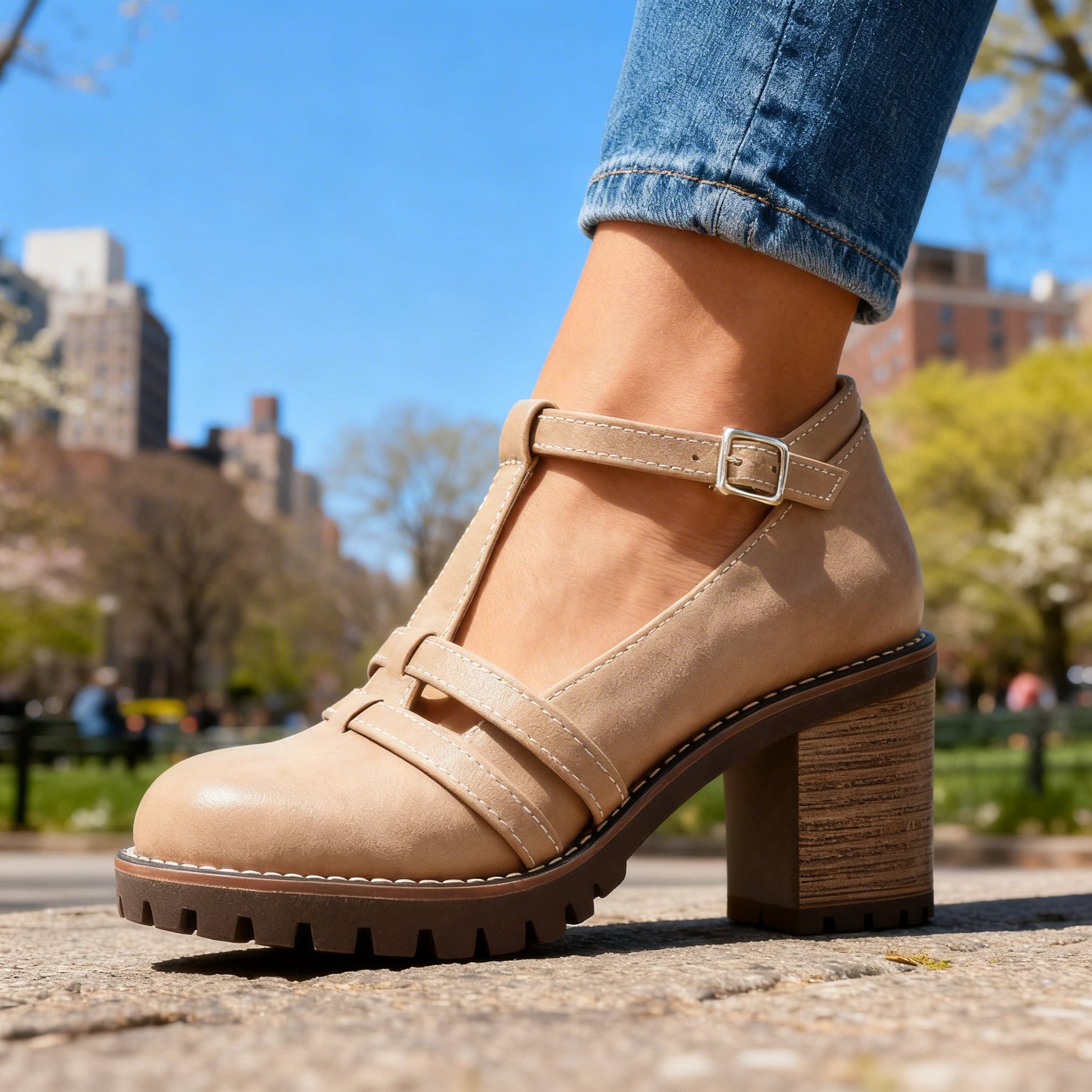 Romilly | Damen T-Riemen Loafer mit Blockabsatz