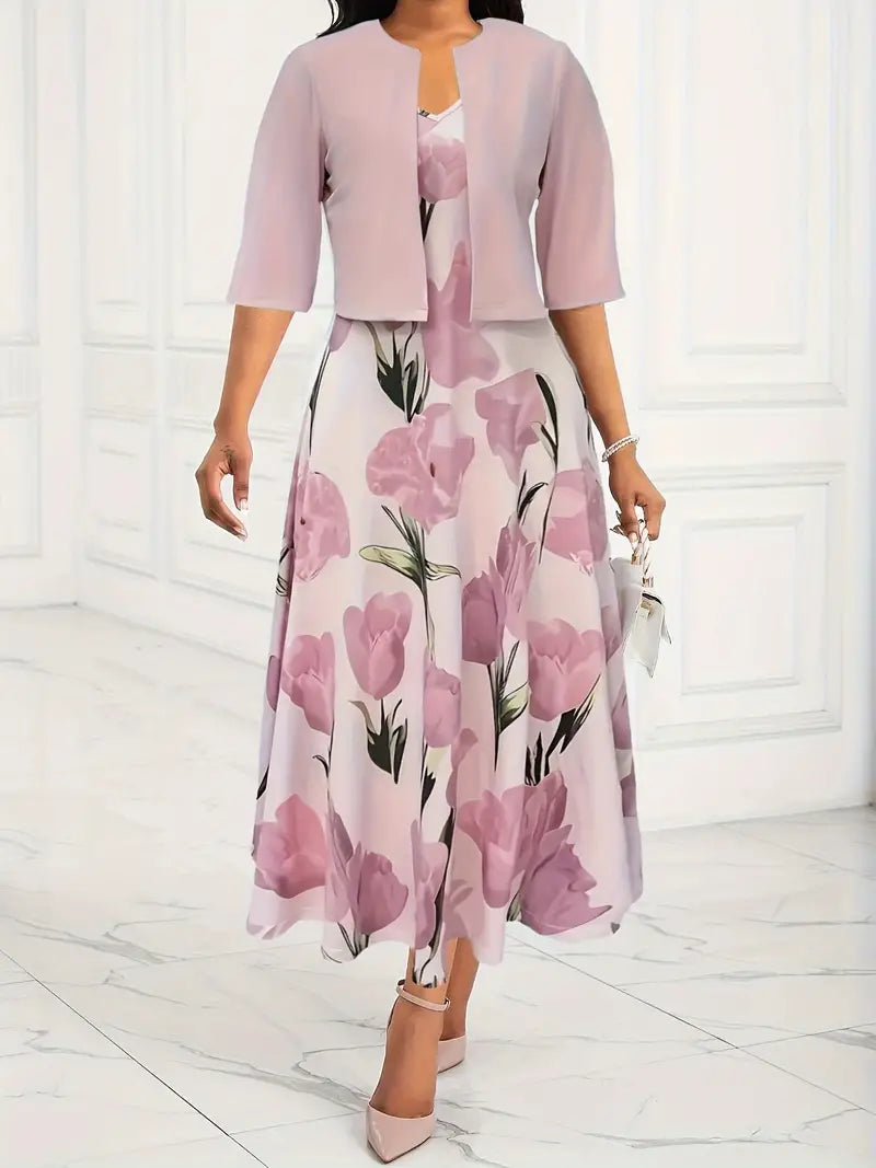 Damen Maxikleid mit Jacke | Rosa Blumenmuster
