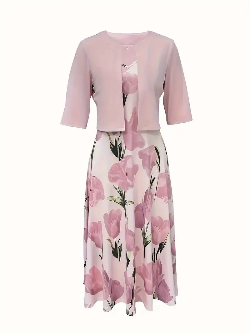 Damen Maxikleid mit Jacke | Rosa Blumenmuster