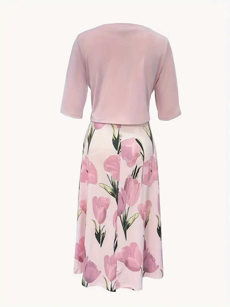 Damen Maxikleid mit Jacke | Rosa Blumenmuster