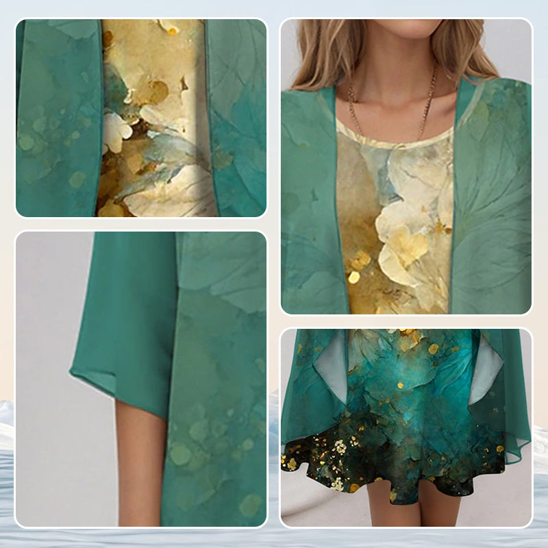 ADELINE | Florales Midikleid und transparenter Staubmantel zweiteiliges elegantes Set im Lagenlook
