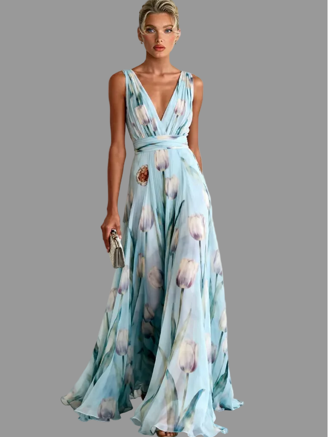 Vespera | Damen Blumenmuster Ärmelloses Sommer Maxikleid