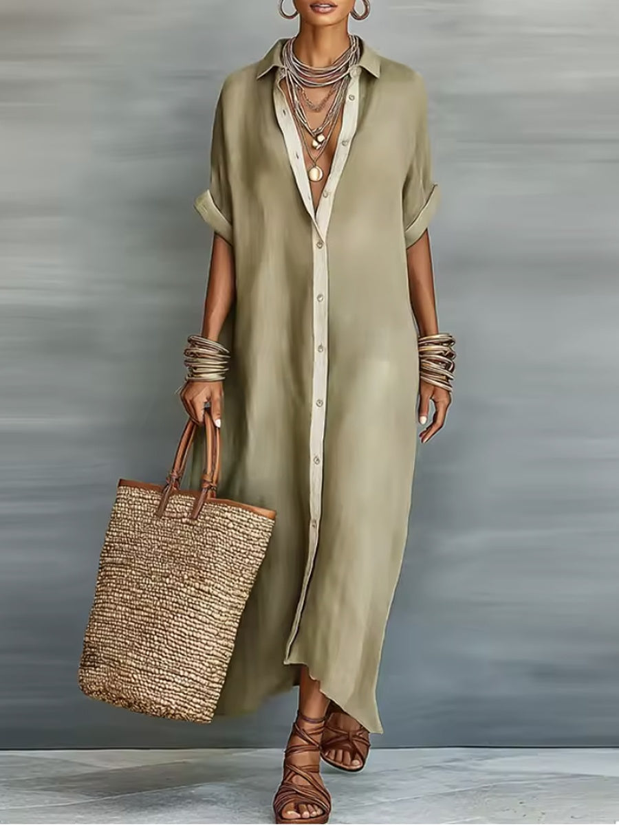 Manelle | Langes olivgrünes Kleid mit minimalistischen Linien