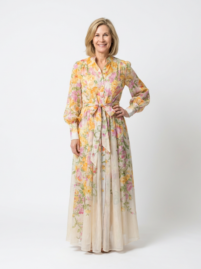 Cressida | Langes Maxikleid mit Blumenmuster und transparenten Ärmeln
