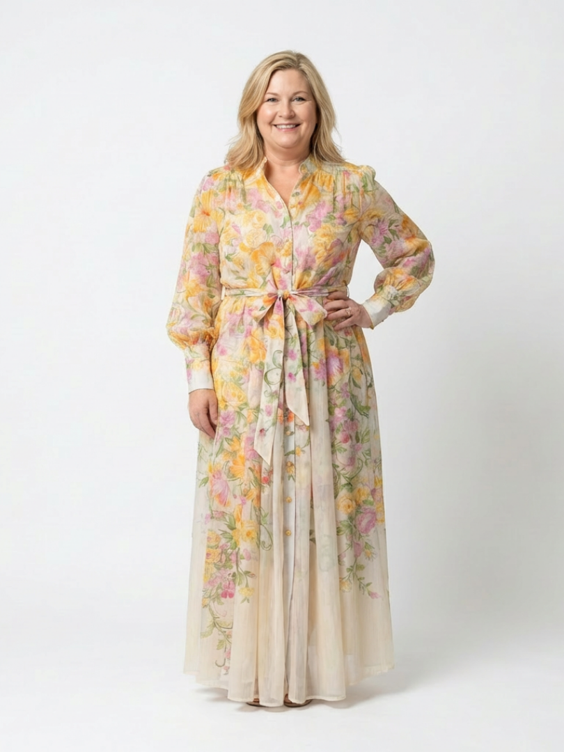 Cressida | Langes Maxikleid mit Blumenmuster und transparenten Ärmeln