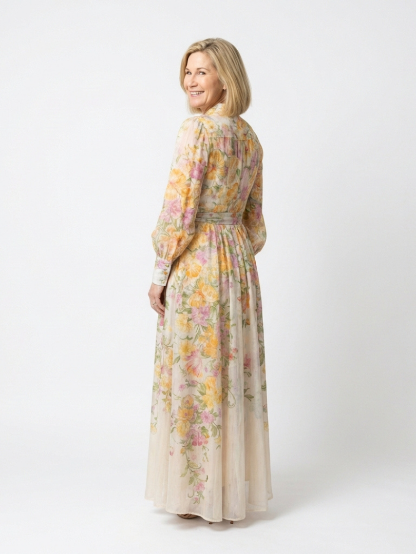 Cressida | Langes Maxikleid mit Blumenmuster und transparenten Ärmeln