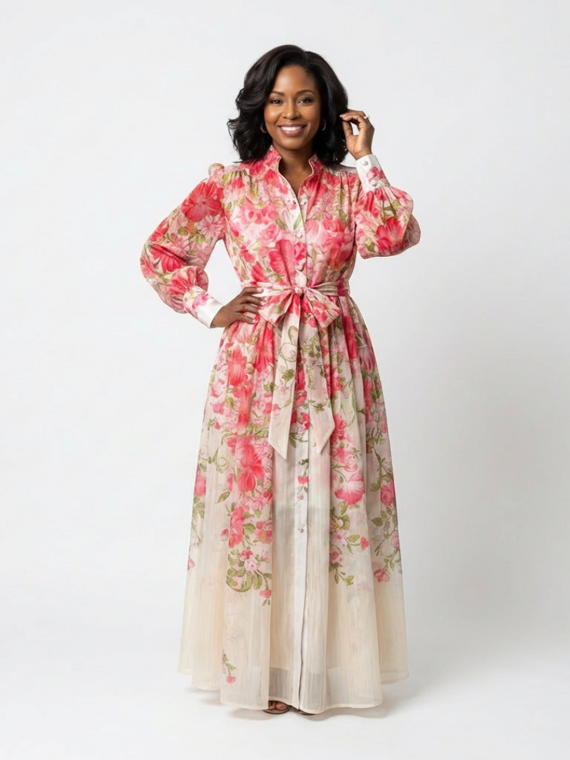 Cressida | Langes Maxikleid mit Blumenmuster und transparenten Ärmeln