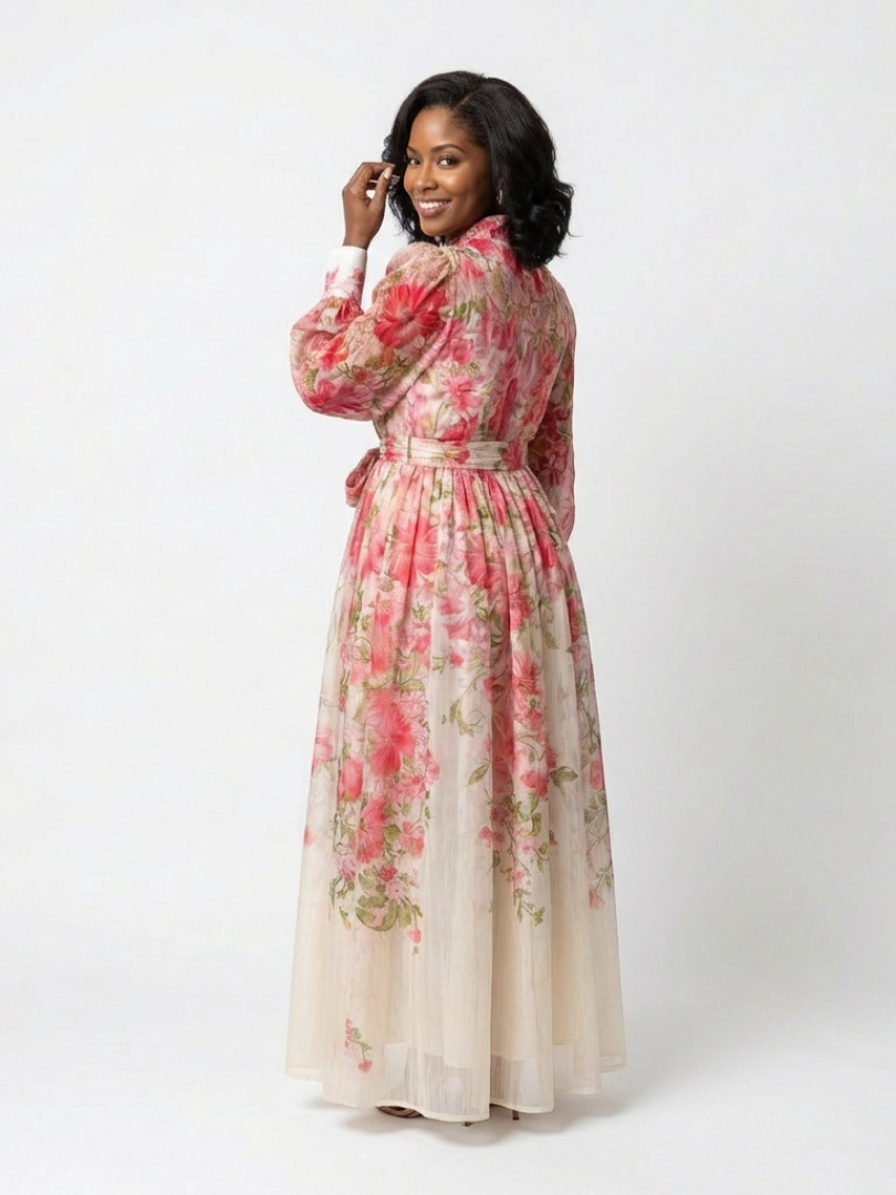 Cressida | Langes Maxikleid mit Blumenmuster und transparenten Ärmeln