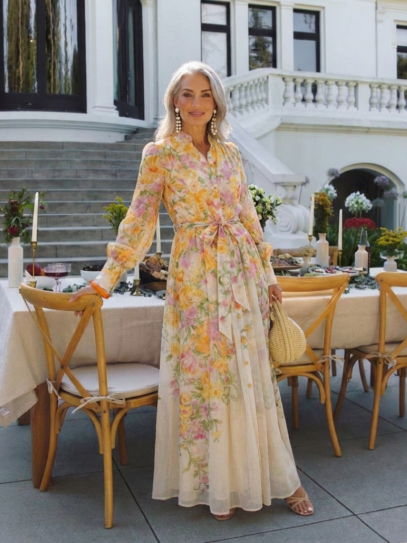Cressida | Langes Maxikleid mit Blumenmuster und transparenten Ärmeln