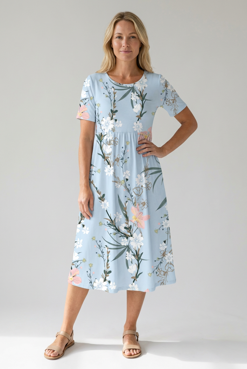 Damenkleid | Bedrucktes geblümtes Midikleid