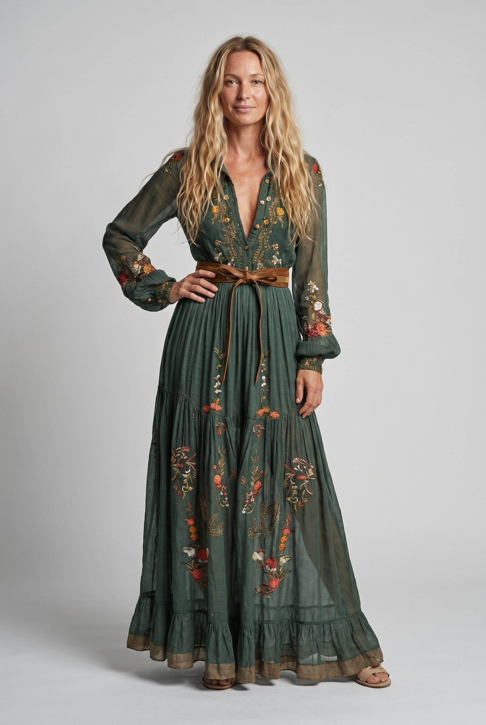 Boho-Kleid für Damen | Besticktes Maxikleid mit V-Ausschnitt
