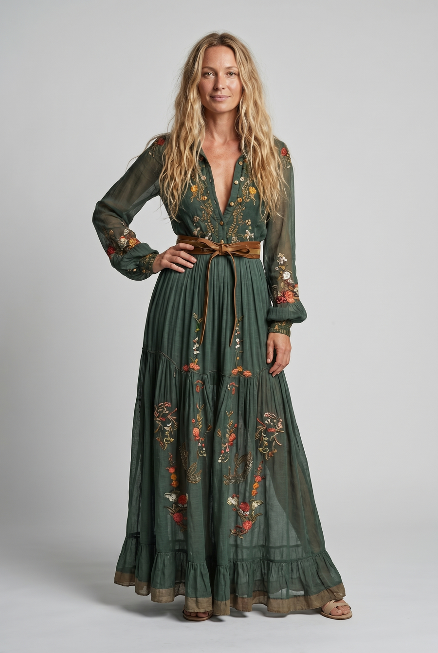 Boho-Kleid für Damen | Besticktes Maxikleid mit V-Ausschnitt