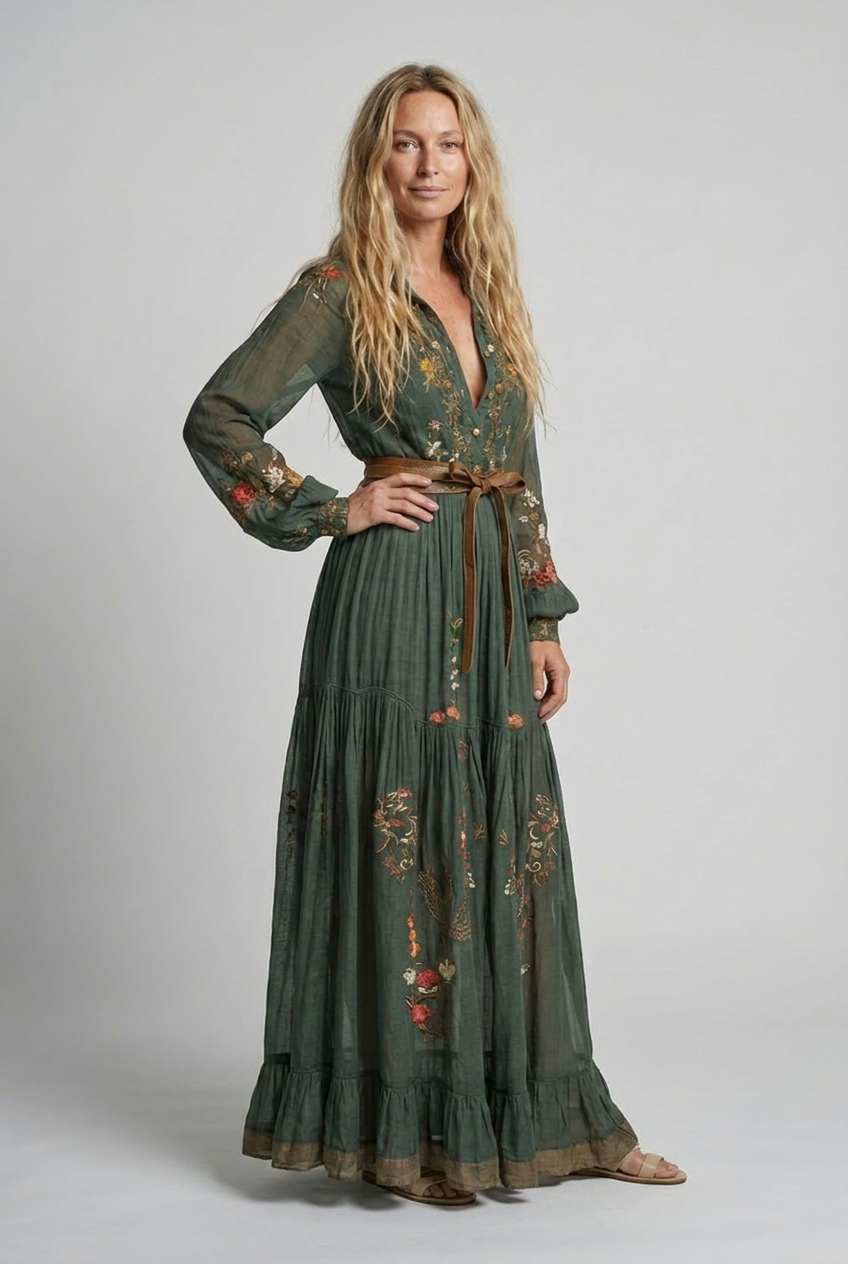 Boho-Kleid für Damen | Besticktes Maxikleid mit V-Ausschnitt