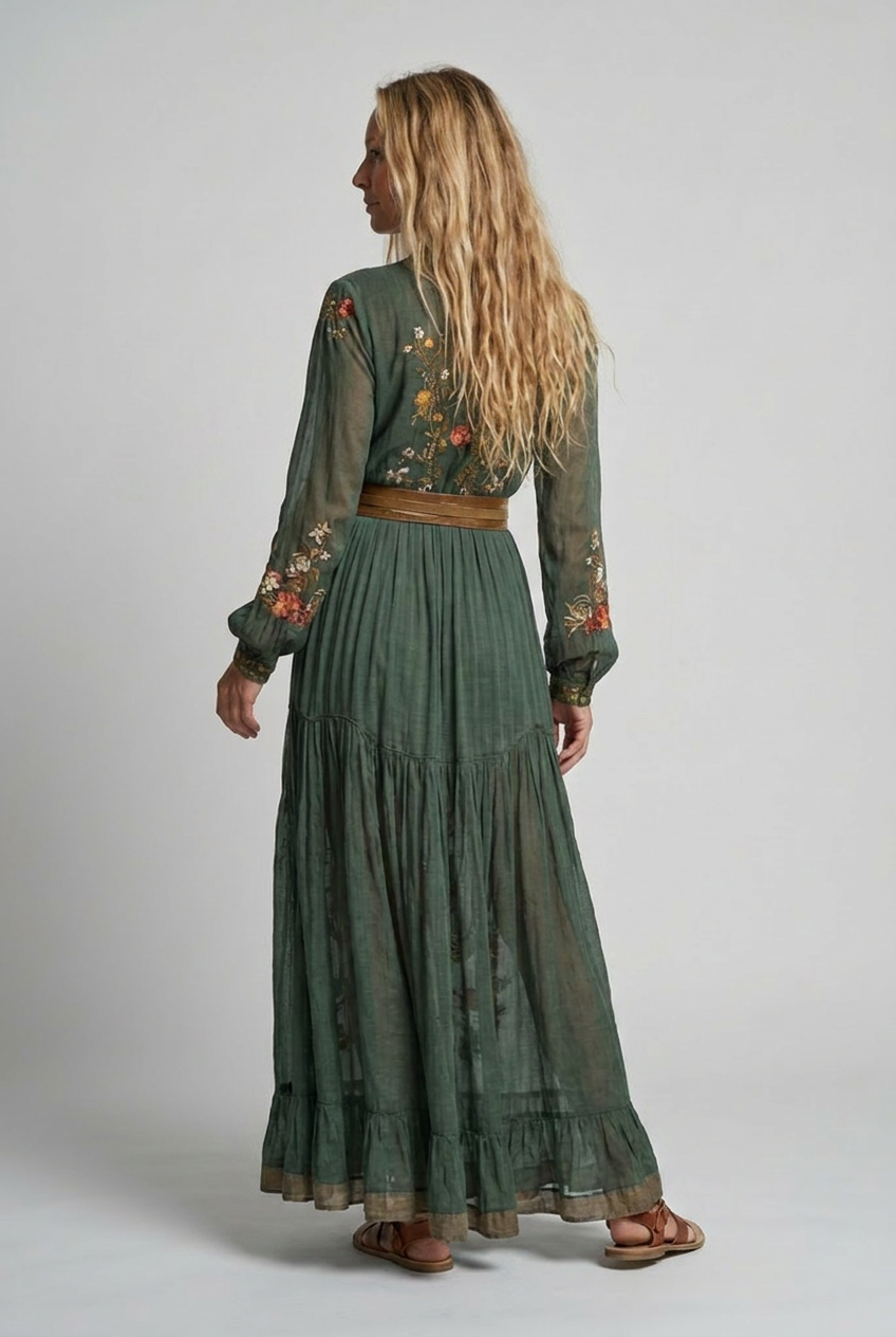 Boho-Kleid für Damen | Besticktes Maxikleid mit V-Ausschnitt