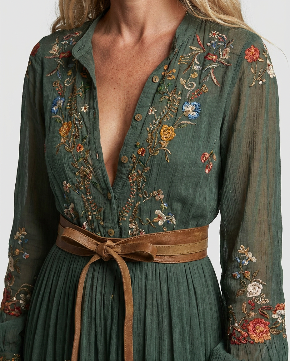 Boho-Kleid für Damen | Besticktes Maxikleid mit V-Ausschnitt