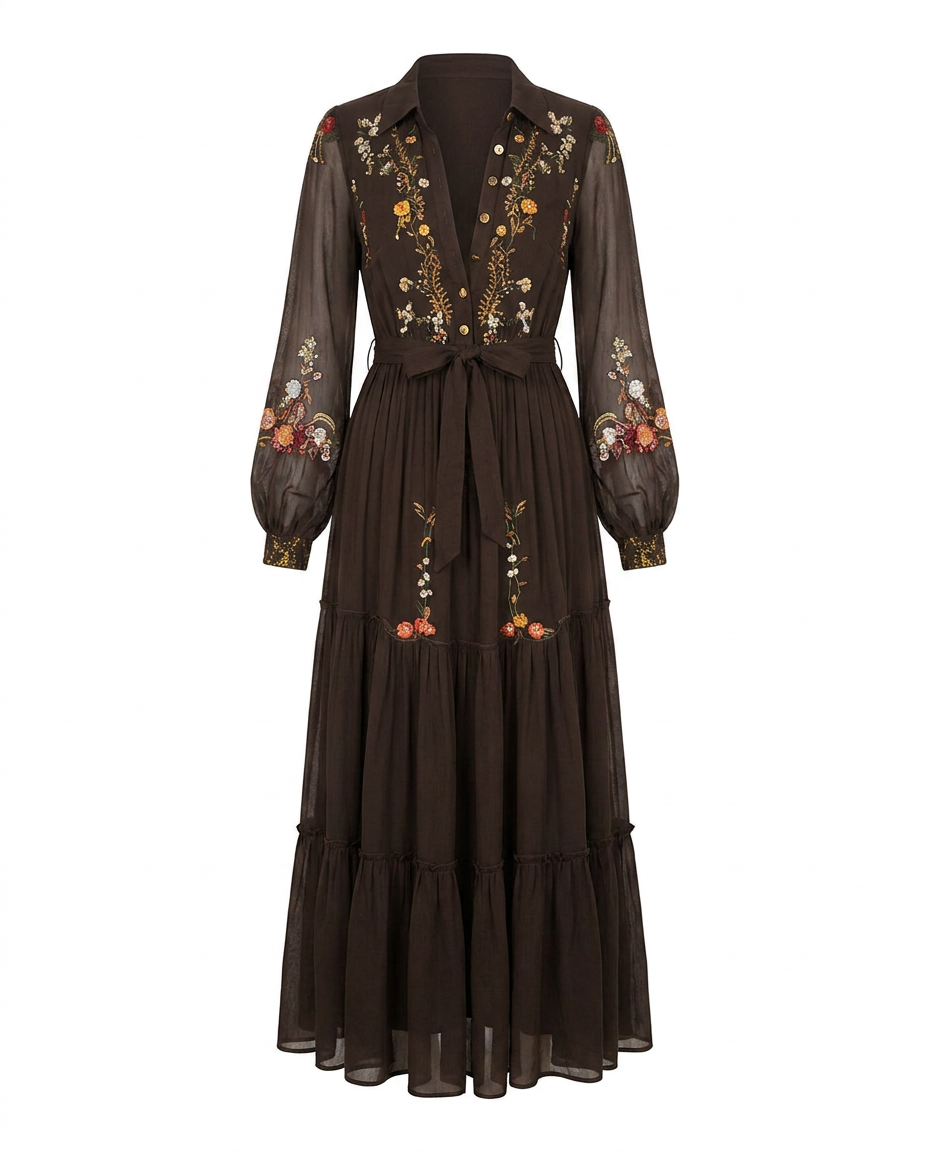 Boho-Kleid für Damen | Besticktes Maxikleid mit V-Ausschnitt