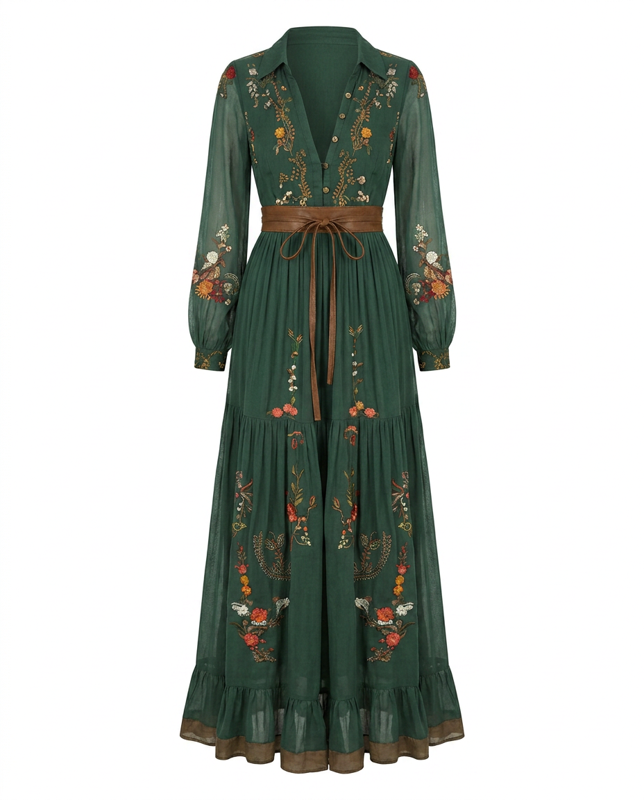 Boho-Kleid für Damen | Besticktes Maxikleid mit V-Ausschnitt