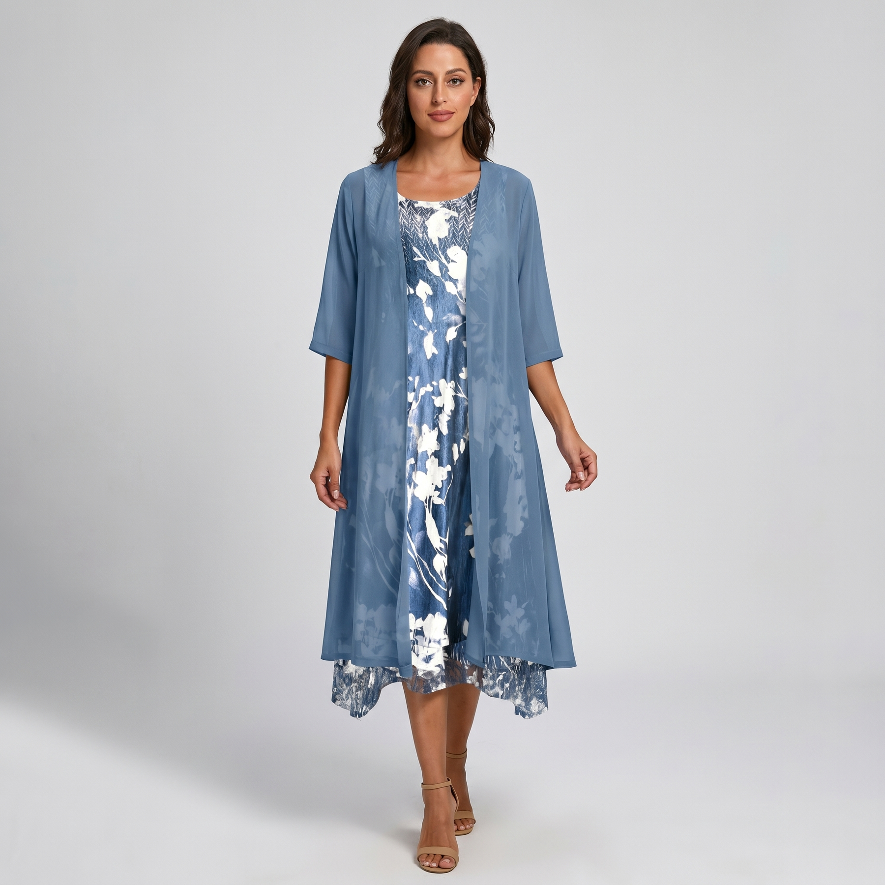 ADELINE | Florales Midikleid und transparenter Staubmantel zweiteiliges elegantes Set im Lagenlook