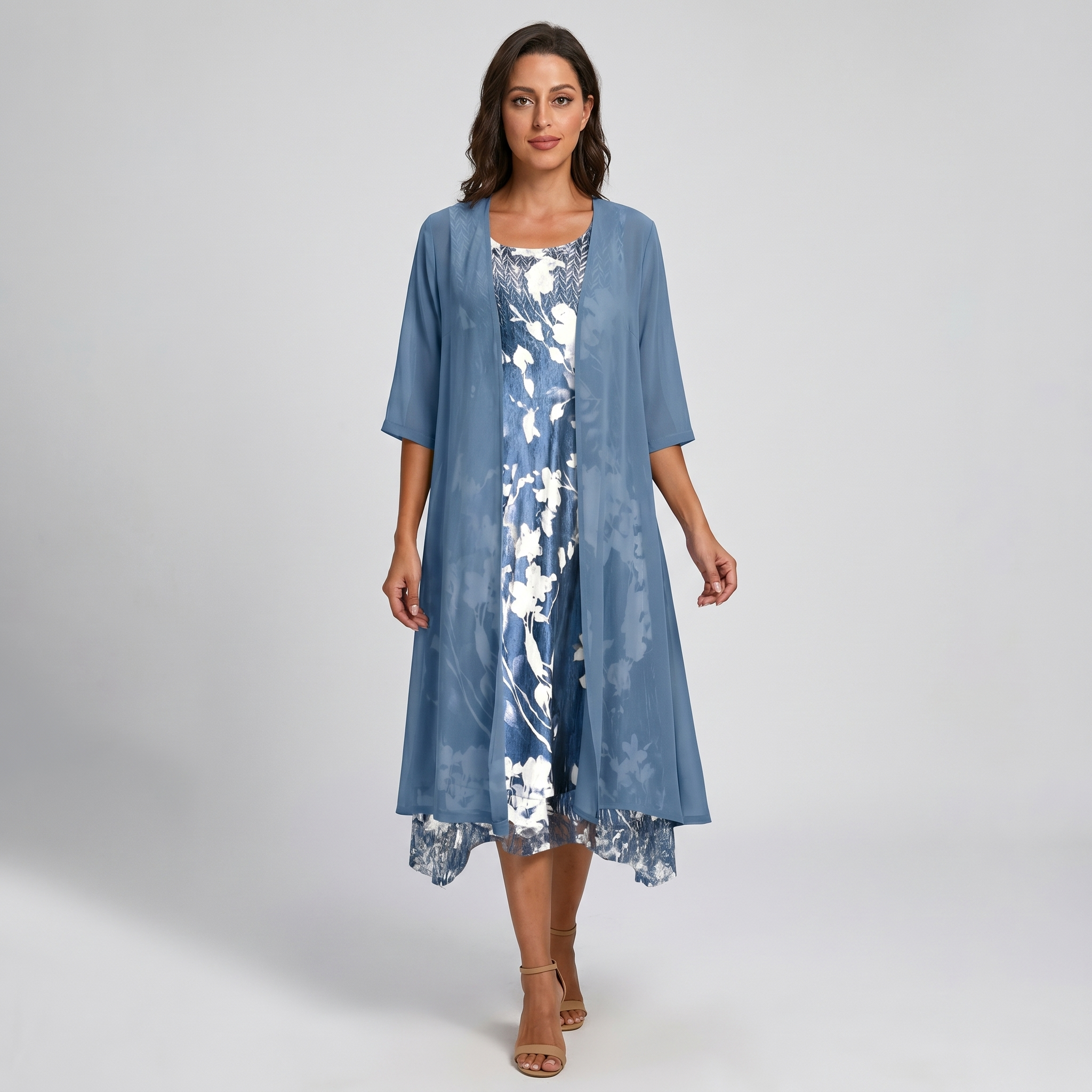 ADELINE | Florales Midikleid und transparenter Staubmantel zweiteiliges elegantes Set im Lagenlook