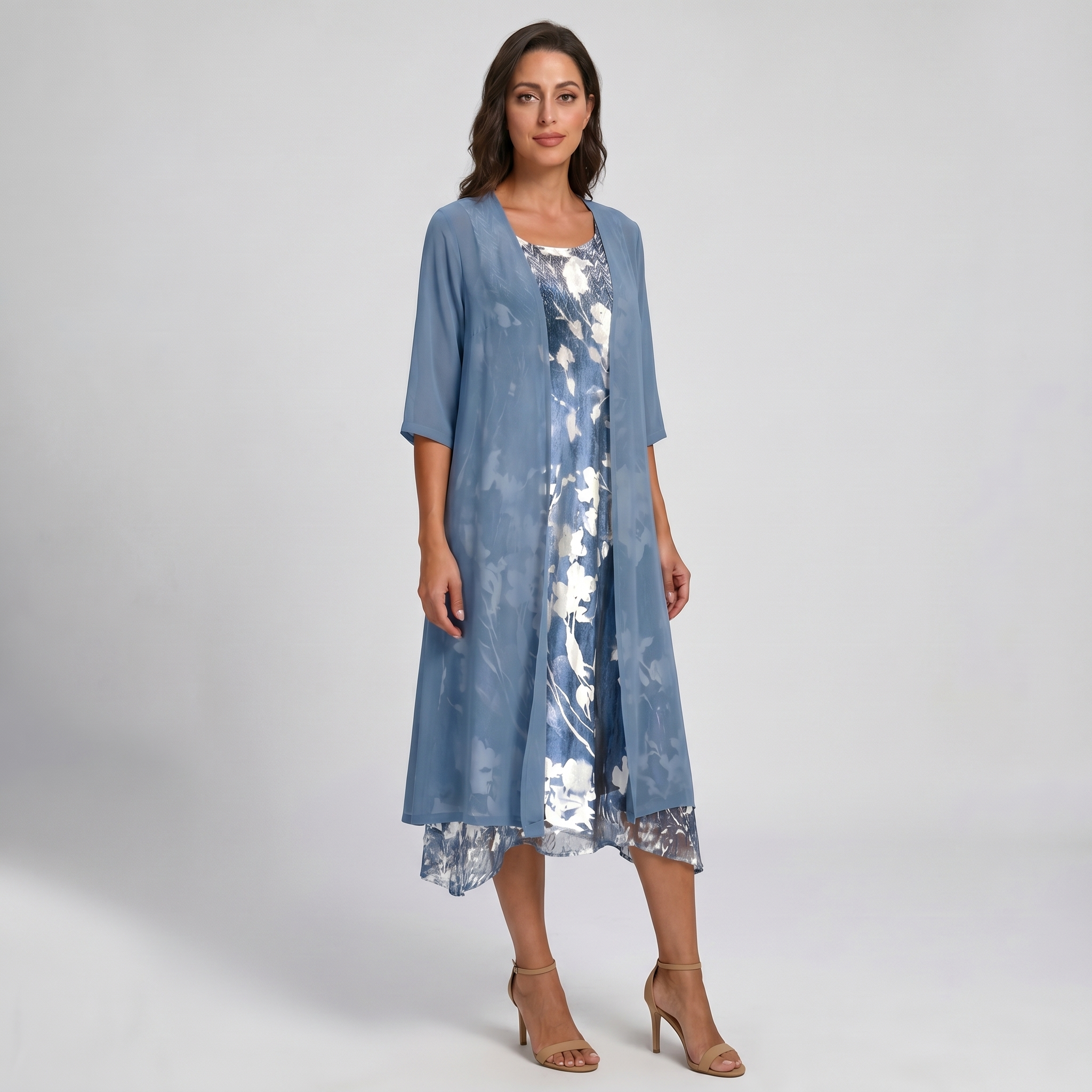 ADELINE | Florales Midikleid und transparenter Staubmantel zweiteiliges elegantes Set im Lagenlook
