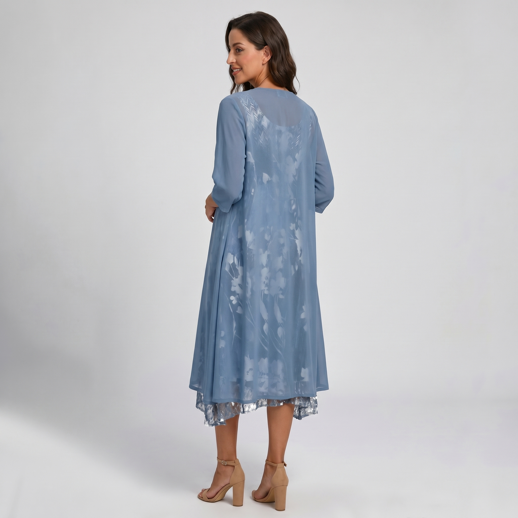 ADELINE | Florales Midikleid und transparenter Staubmantel zweiteiliges elegantes Set im Lagenlook