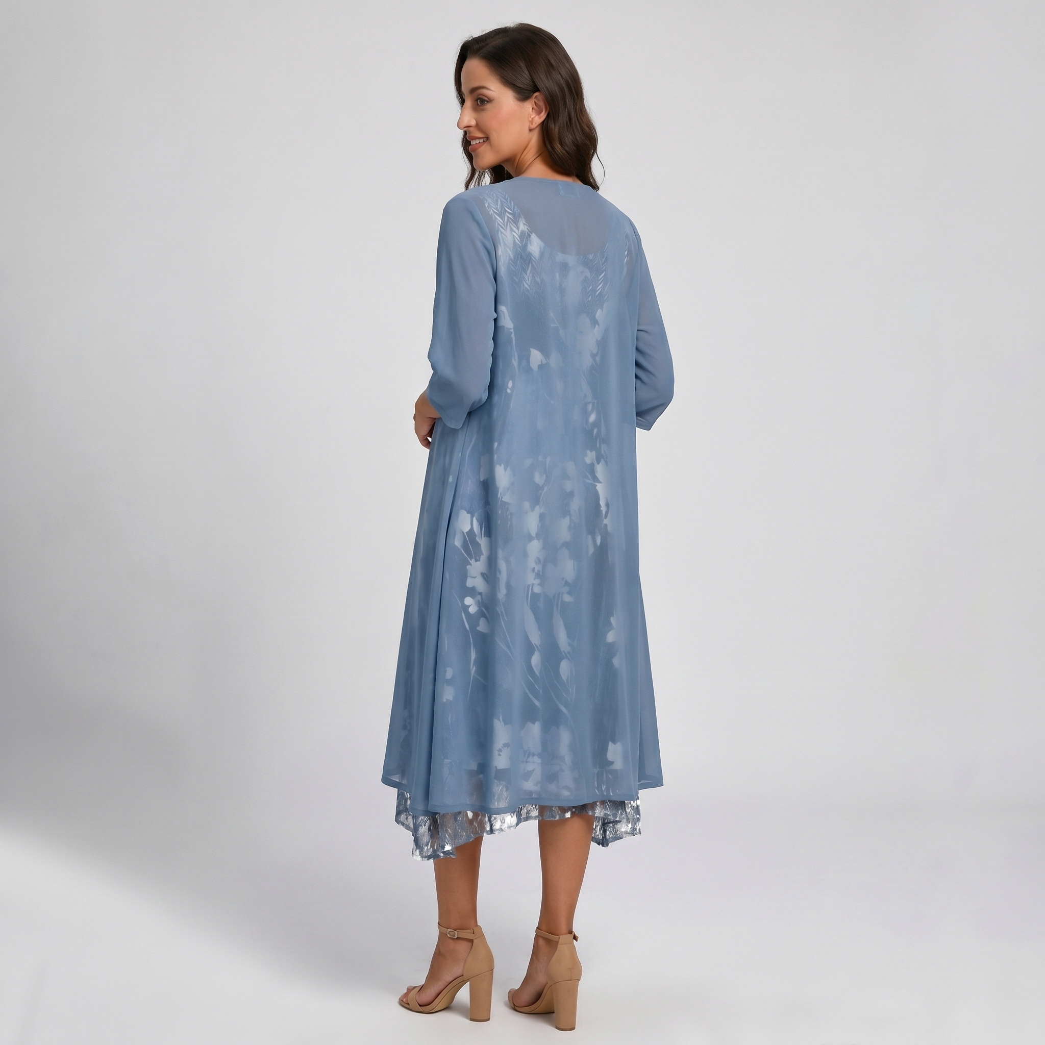 ADELINE | Florales Midikleid und transparenter Staubmantel zweiteiliges elegantes Set im Lagenlook