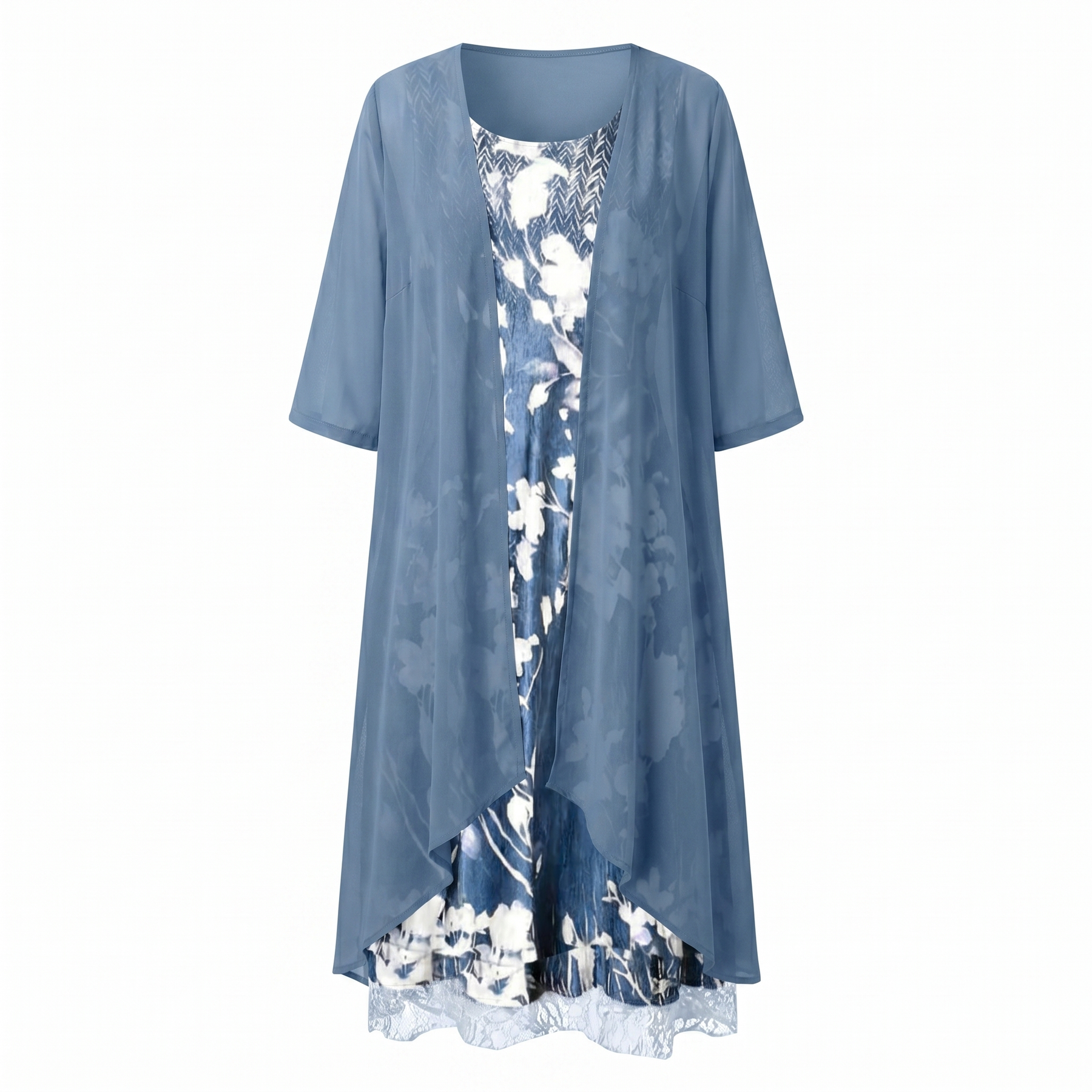 ADELINE | Florales Midikleid und transparenter Staubmantel zweiteiliges elegantes Set im Lagenlook