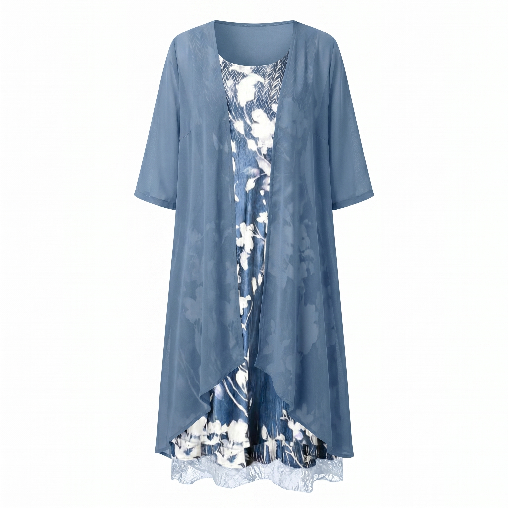 ADELINE | Florales Midikleid und transparenter Staubmantel zweiteiliges elegantes Set im Lagenlook