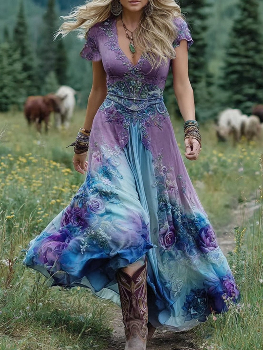 Sophia | Damen V-Ausschnitt Kurzarm Geblümtes Maxikleid