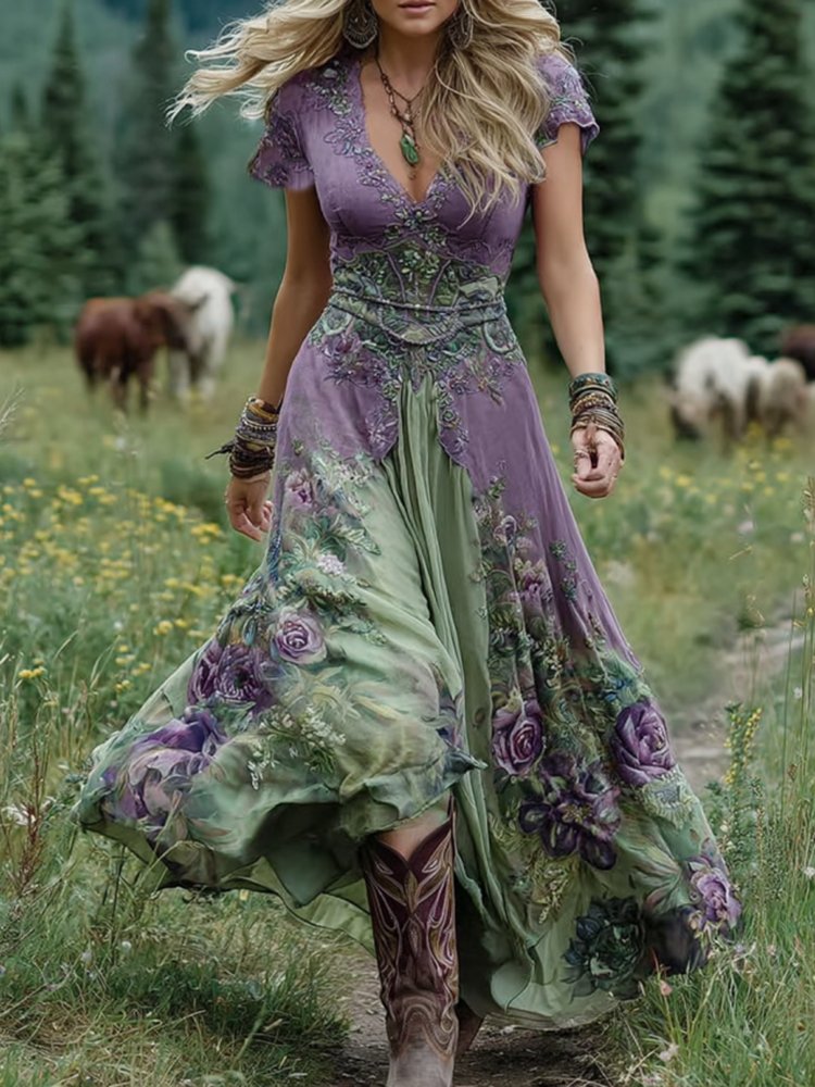 Sophia | Damen V-Ausschnitt Kurzarm Geblümtes Maxikleid
